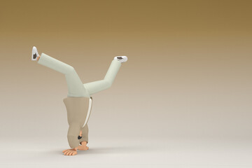 A man with glasses wearing brown cloth.  He is doing exercise.  3d rendering of cartoon character in acting.