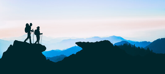 Blue landscape background banner panorama illustration drawing - Breathtaking view with black silhouette of mountains, hills, forest. and two hikers ( woman and man hiking )