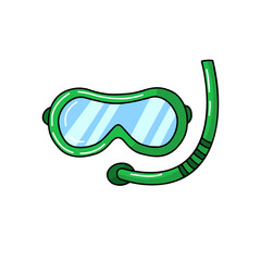 Diving equipment snorkeling mask scuba diver tools green underwater glasses tube cartoon vector illustration isolated on white background