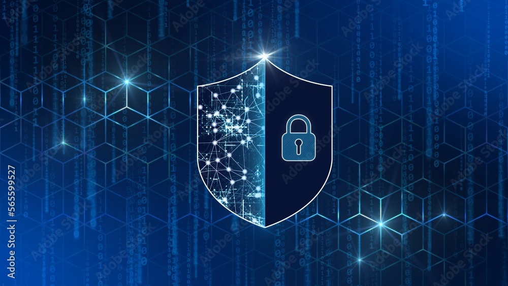 Poster Digital internet cyber security technology concept - Protective Shield with padlock on graphic cube pattern background with falling binary code tapes - 3D Illustration