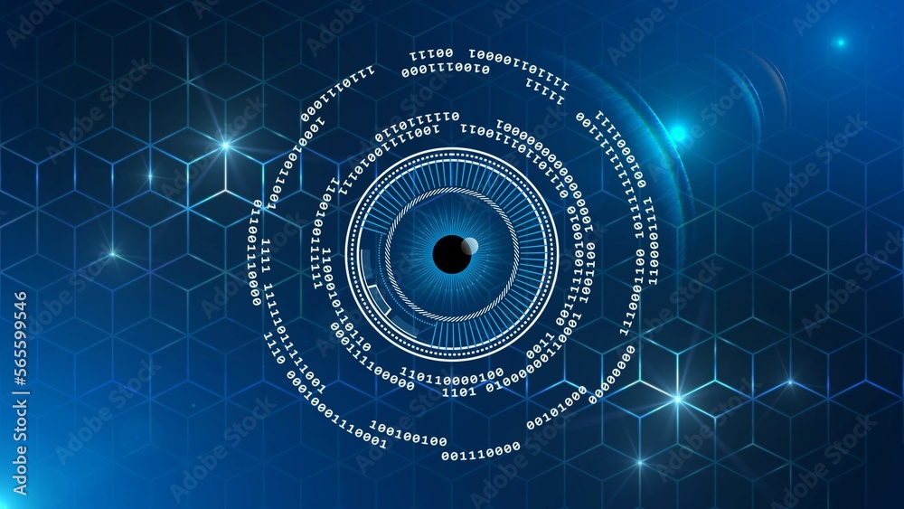 Poster digital internet cyber security technology concept - binary code circles around futuristic electroni