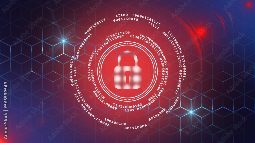Poster digital internet cyber security technology concept - binary code circles around padlock on graphic c
