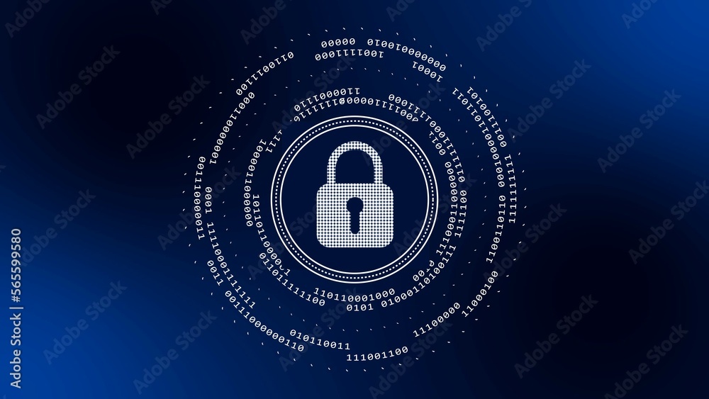 Poster digital internet syber security technology concept - abstract background of binary code around padlo