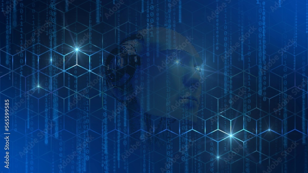 Poster digital internet cyber security technology concept - silhouette of abstract 3d robotic head on graph