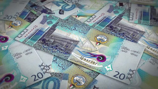 Pile of kuwait dinar cash money, inflation concept. Closeup new kuwait twenty dinar bills 4k resolution