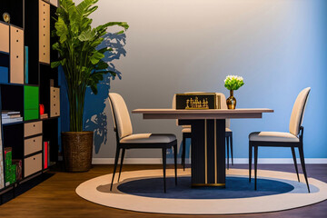 Table, chairs and library art design