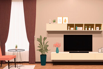 TV, curtains, shelvess art screen background