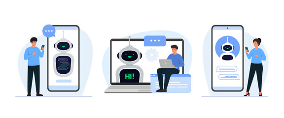 Chatbot concept. People characters chatting with chat bot in smartphone and laptop. AI robot assistant with customer support. Set of vector illustration isolated on white background.