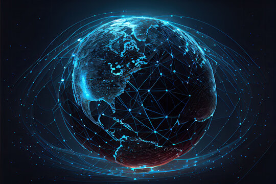 Plexus structure of lines and nodes around blue earth sphere. Technology science and engineering background. Depth of field setting.