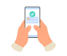 Mobile payments concept. Human hands holding smartphone with credit card pay app. Vector illustrations isolated on white background.