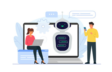 Vector illustration of chatbot customer service support concept. People characters chatting with chat bot in smartphone and laptop. - obrazy, fototapety, plakaty