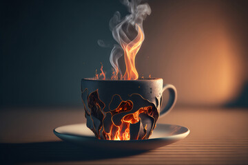 Coffee cup with splashes and flames of coffee and milk. Hot drink concept. Generative AI.