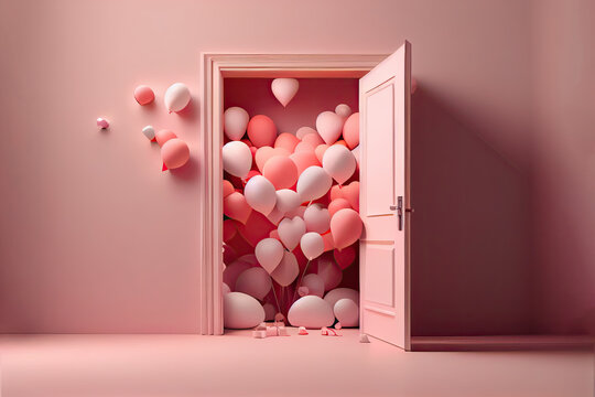 Room with open door and heart shaped balloons entering. concept of valentines arrival gifts love marriage and romantic.