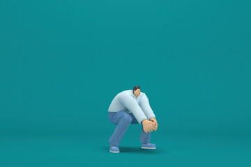 cartoon character wearing jeans and  long shirt. He is pulling or pushing something. 3d rendering in acting.