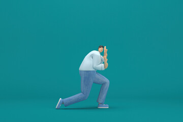 cartoon character wearing jeans and  long shirt. He is pulling or pushing something. 3d rendering in acting.