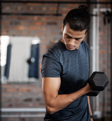 Fitness, arm and dumbbell with a sports man training in a gym for strong or healthy muscles. Bicep,...