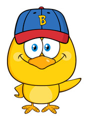 Yellow Chick Cartoon Character Wearing A Baseball Cap And Waving. Hand Drawn Illustration Isolated On Transparent Background