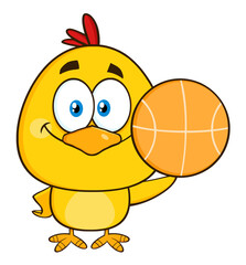 Cute Yellow Chick Cartoon Character Holding A Basketball. Hand Drawn Illustration Isolated On Transparent Background