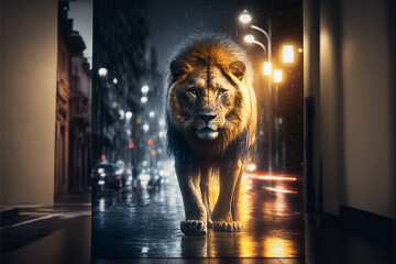 A big lion walking by in the downtown at night. A predator in the city. Generative ai