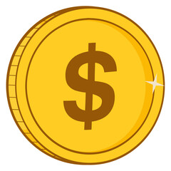 Golden Dollar Coin For Business And Finance Concepts. Hand Drawn Illustration Isolated On Transparent Background