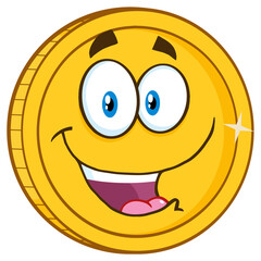 Smiling Golden Coin Cartoon Character For Business And Finance Concepts. Hand Drawn Illustration Isolated On Transparent Background