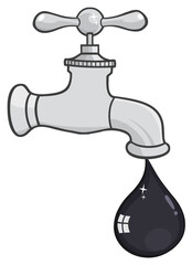 Cartoon Faucet With Petroleum Or Oil Drop. Hand Drawn Illustration Isolated On Transparent Background