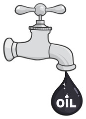 Cartoon Faucet With Petroleum Or Oil Drop. Hand Drawn Illustration Isolated On Transparent Background