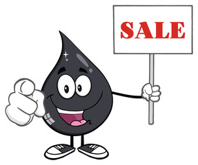 Petroleum Or Oil Drop Cartoon Character Pointing At You And Holding Holding Up A Sale Sign. Hand Drawn Illustration Isolated On Transparent Background