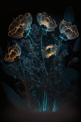 bioluminescent flowers in a dark room interior design Generative AI