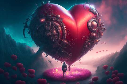 The technology of love. A heart with devices in an imaginary world. Generative ai.