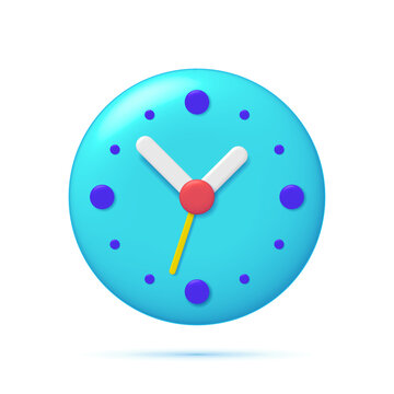 Clock icon in 3d flat style. Clock face. Cartoon timer on blue background. Business watch. Vector design fun simple element for you project