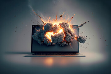 Notebook exploding with fire and smoke, Generative AI - obrazy, fototapety, plakaty