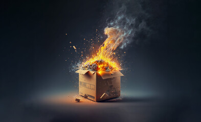Explosive delivery: delivery box exploding with fire and smoke, Generative AI