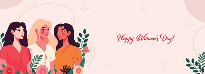 Happy Women's Day Banner Design With Fashionable Three Young Women Characters On Floral Decorated Background.