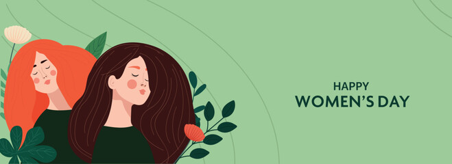 Happy Women's Day Banner Design With Young Girls Character Closing Her Eyes On Floral Green Background.