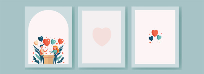 Valentine's Day Greeting Cards With Space For Text, Young Couple Character And Heart Balloons Coming Out of Surprise Box.