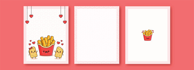 Valentine's Day Greeting Cards With Mascot Pizza Puffs Couple Character, French Fries Box And Space For Text.