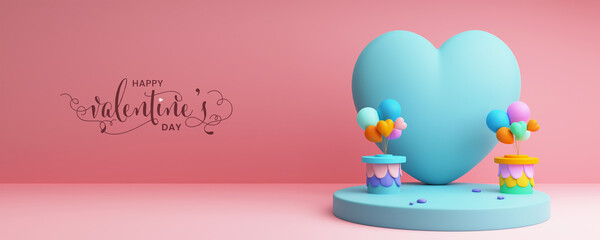 Happy Valentine's Day Landing Page Or Banner Design With 3D Render, Heart Shape Podium With Colorful Balloons.