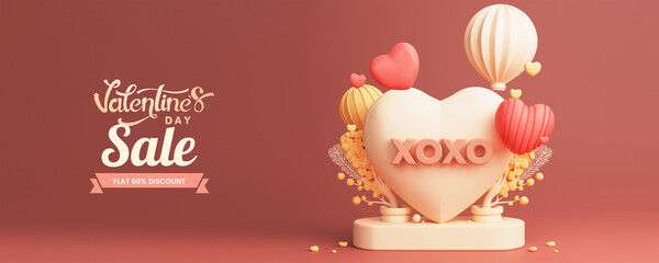 Valentine's Day Sale Banner Or Poster With 80% Discount Offer, Heart Shape Frame With Podium, Balloons And Decorative Elements. 3D Render.