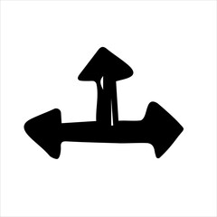 Arrow on three sides. Black and white sketch, logo, clipart, icon, pictogram, template. Isolated object on a white background. Vector image drawn by hand.