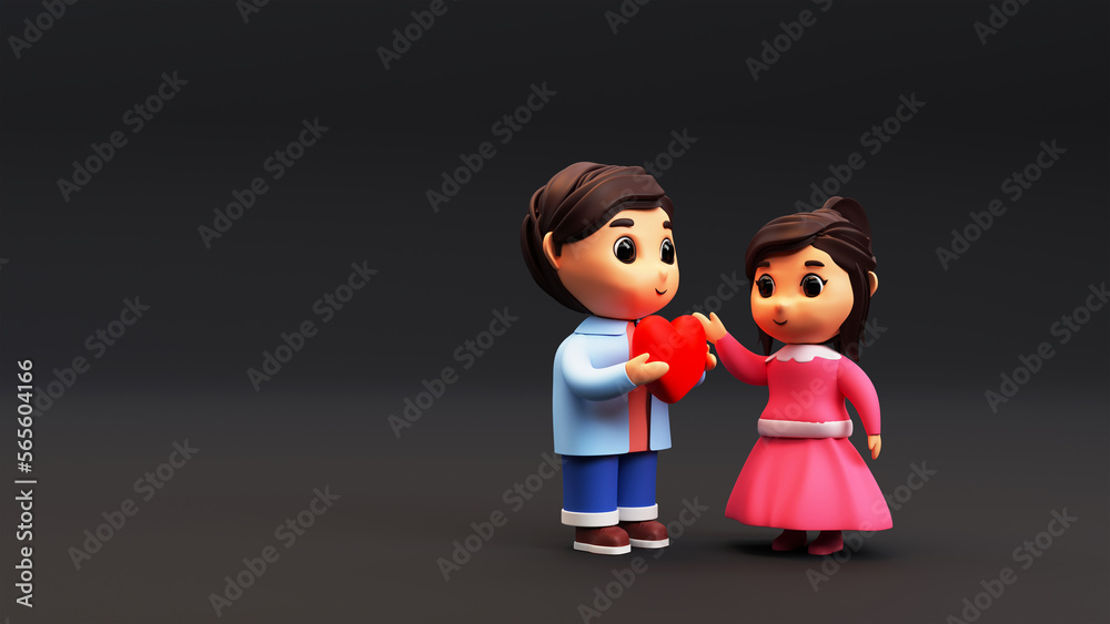 Sticker 3D Render of Adorable Kids Couple With A Heart In Standing Pose On Black Background. Valentine's Day Concept.