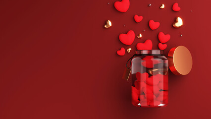 3D Render, Golden And Red Hearts Coming Out of Glass Jar. Love Concept.