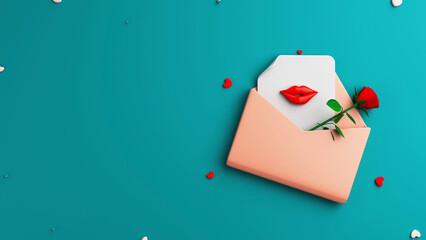 Top View of Realistic Rose With Kiss Paper Inside Open Envelope. Valentine's Day Concept. 3D Render.
