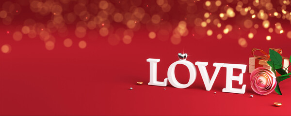3D Render of White Love Text With Heart Ring, Paper Rose, Gift Box On Red Bokeh Background. Valentine's Day Banner or Header.