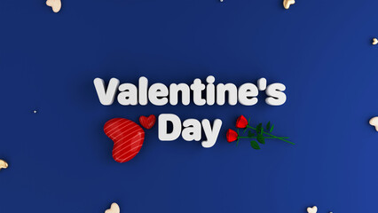Fototapeta na wymiar 3D Render of Valentine's Day Text With Roses, Heart Shapes On Blue Background.