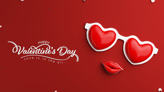 Happy Valentine's Day Concept With Top View of Heart Shaped Goggles, Female Lips On Red Background. 3D Render.