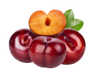 red cherry plum with leaf isolated on transparent png