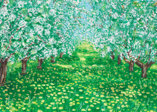 Blooming apple orchard in spring and grass with dandelions Seasonal painting