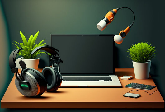 The workplace for content creator with microphone, laptop and headphones. home studio podcasting, online streaming, vlogging. Generative AI

