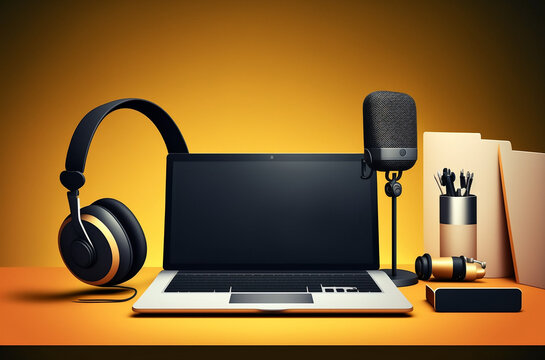 The workplace for content creator with microphone, laptop and headphones. home studio podcasting, online streaming, vlogging. Generative AI
